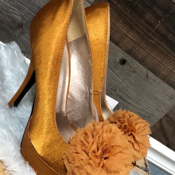 Brown Gold Mustard Colored Open Toe High Heel Dress Shoe - Picture 3 of 5